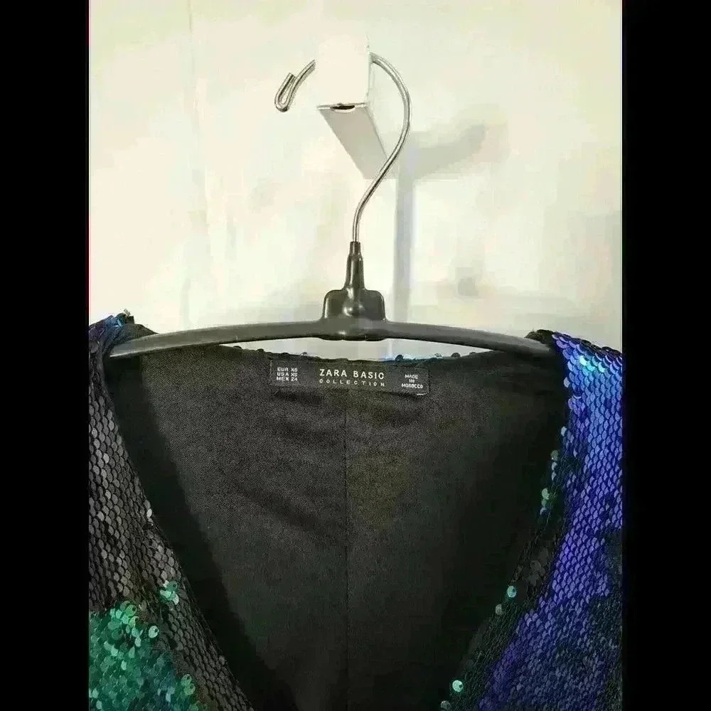Zara basic Collection turquoise sequin mini 3/4 sleeve dress - Picture 2 of 5